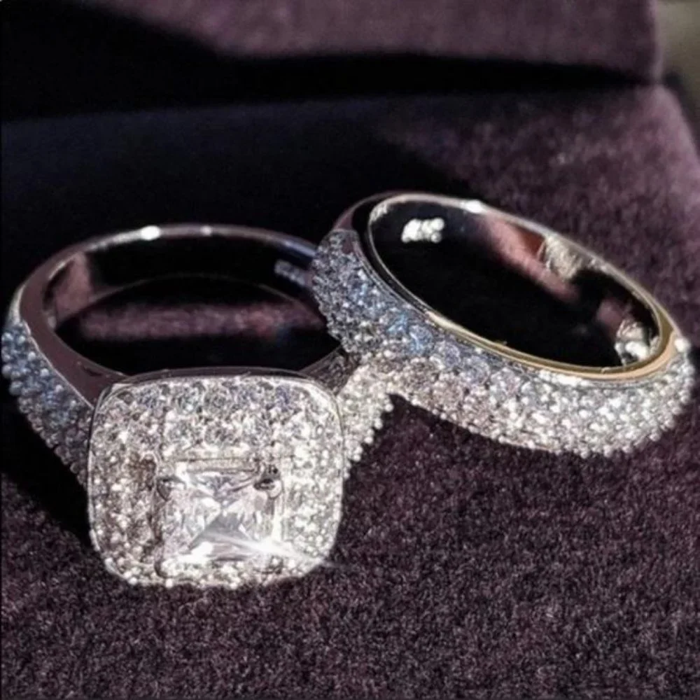 NEW 925 STERLING SILVER 2/SET DIAMOND RING, CUTE RING, SHINY RING. - Picture 1 of 7